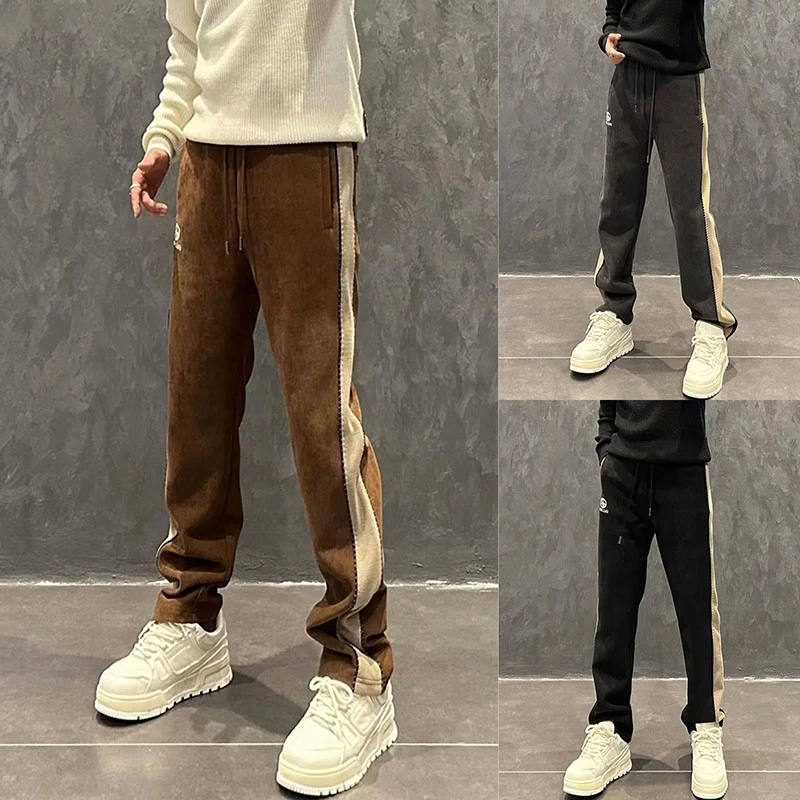 秋冬新款雪尼尔绒休闲裤男士加绒加厚拼色长裤欧货时尚百搭直筒裤