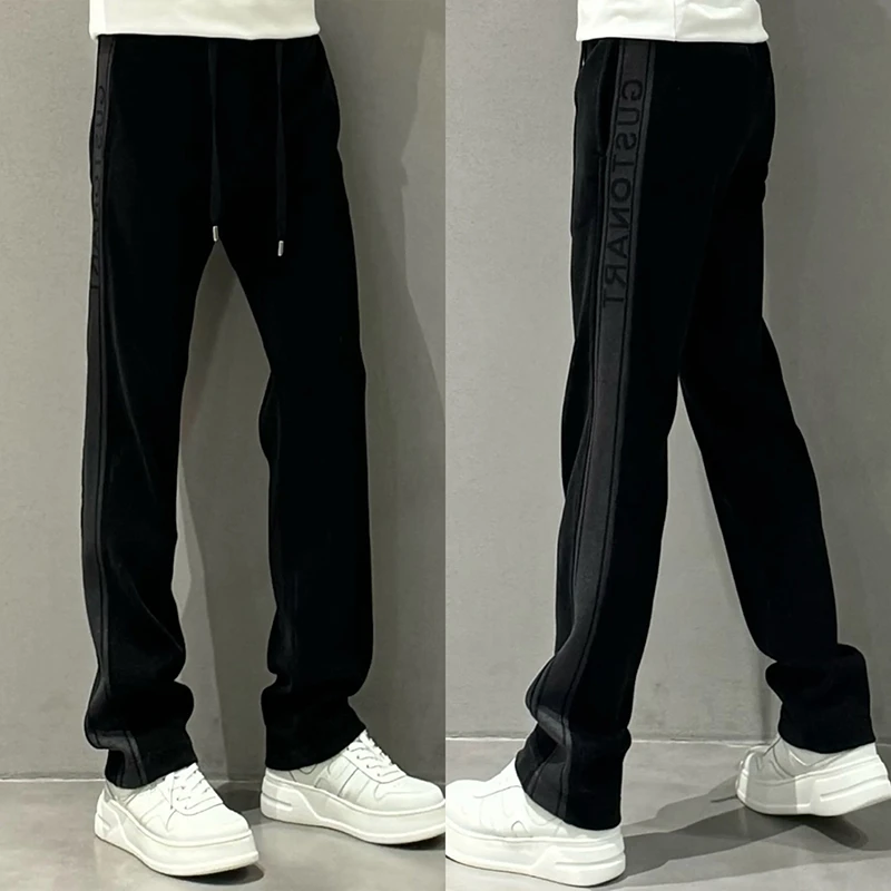 轻奢高街风条绒休闲裤男秋季潮流新款运动卫裤百搭潮牌字母阔腿裤
