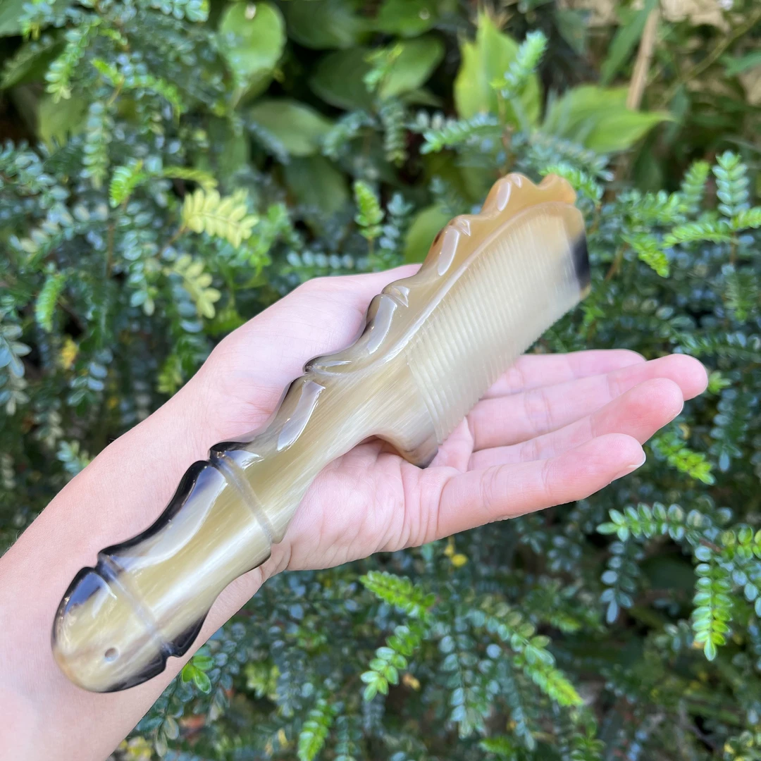 牦牛角竹节梳黑花牦牛角梳男士大号梳不伤头发（配礼盒精油）精品款