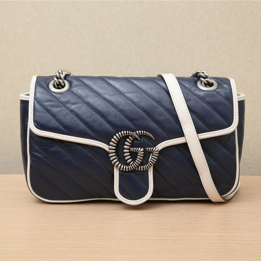 90新 GUCCI/古驰 GG Marmont 肩背包 小号 26羊角扣 蓝P222642429