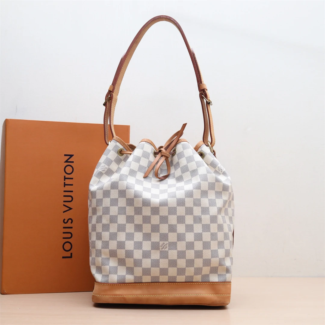 90新 LouisVuitton/路易威登 NOÉ 水桶包中号 27白棋格P224829487