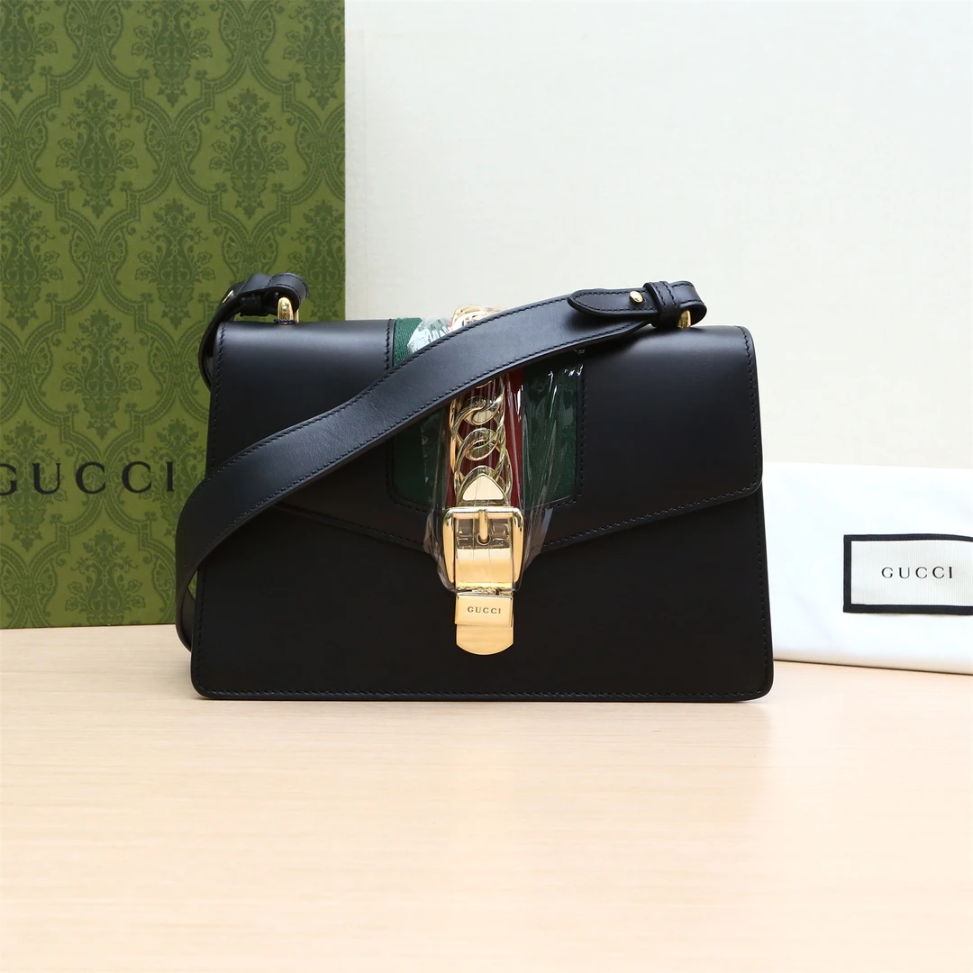 95新 GUCCI/古驰 塞尔维亚丝带包 小号 25.5 黑 皮革C P234656318