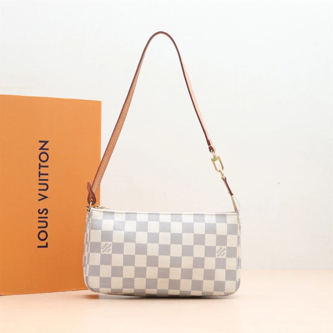 95新 LouisVuitton/路易威登 大麻将包 白棋格 金扣 P234967553