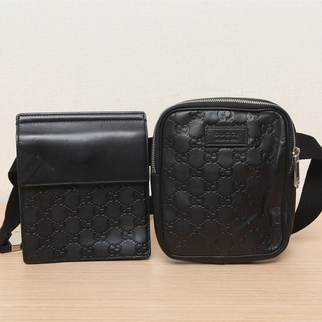 90新 GUCCI/古驰 皮标 二合一 腰包 黑色 皮革C 黑色P241214839