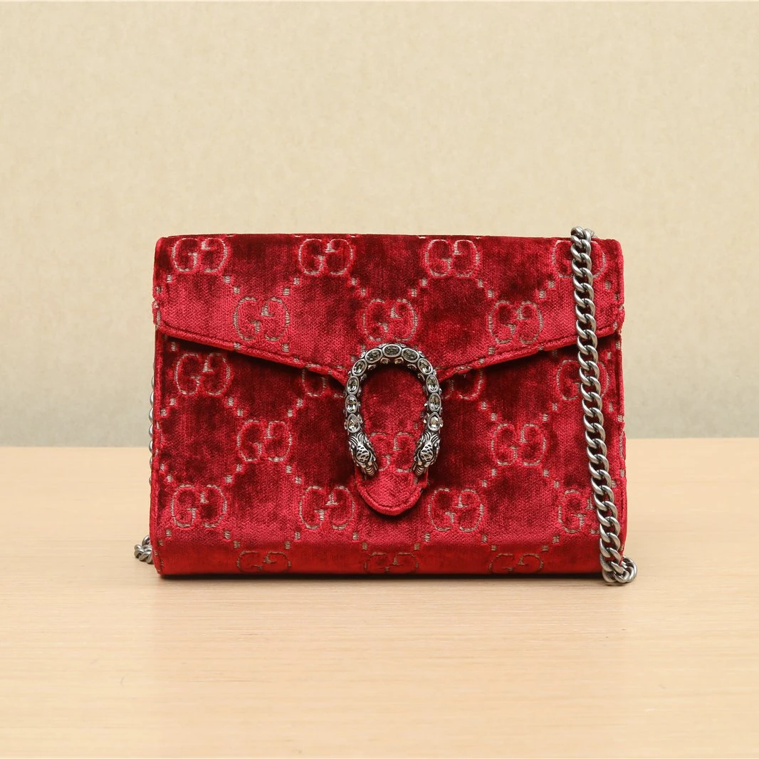 90新 GUCCI/古驰 Dionysus 天鹅绒 钻扣 woc 酒红色P251004078