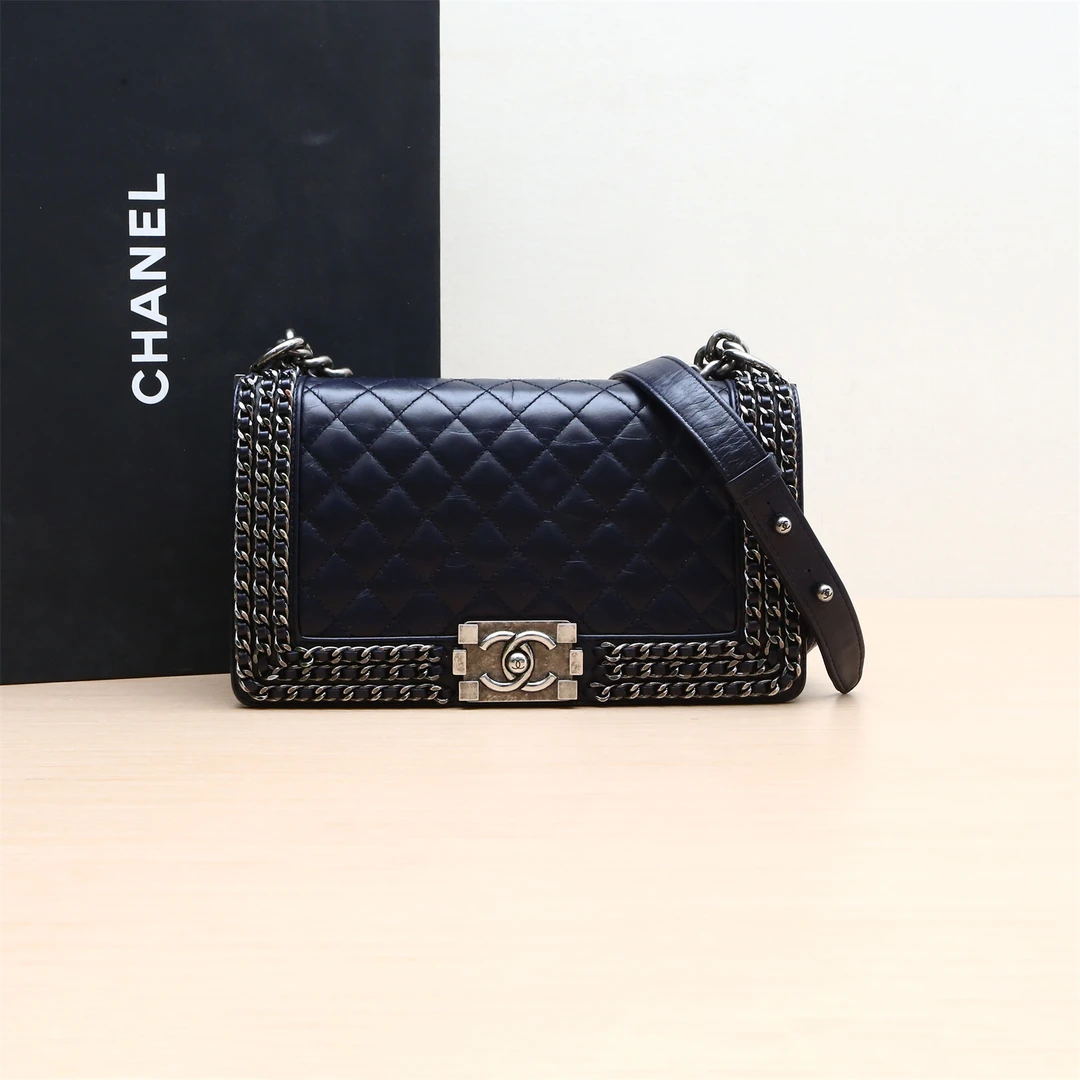 95新 Chanel/香奈儿 Leboy包 中号 25cm 墨蓝色 23开 P224410698