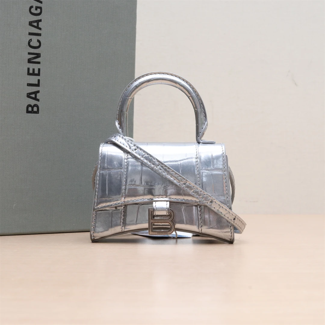 95新 Balenciaga/巴黎世家 沙漏包 超Mini 鳄压纹 银 P224408459