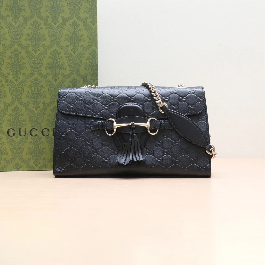 95新 GUCCI/古驰 马衔扣流苏包中号 29 GG压纹 黑色 P244170355