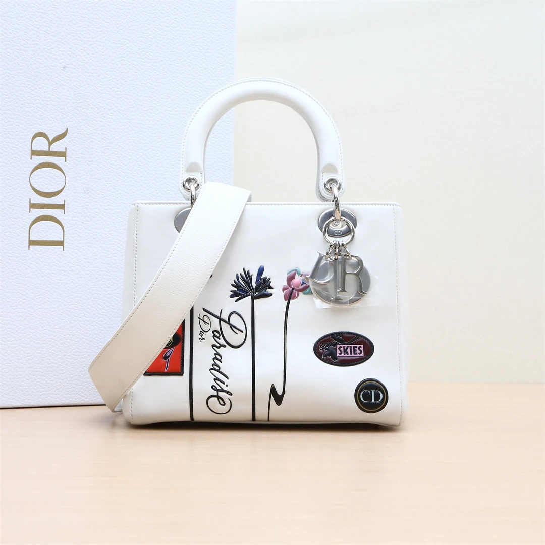 95新 DIOR/迪奥 戴妃包 五格 拼色皮革C 银扣 花卉印花P224411970