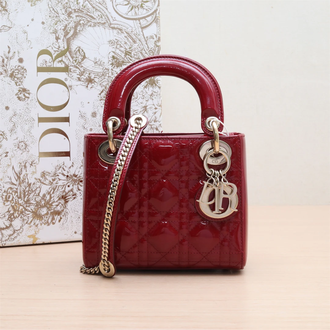 99新 DIOR/迪奥 单肩包 戴妃包 三格 漆皮 P224622496