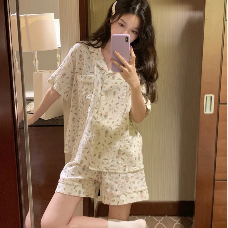 ins日系睡衣女夏季新款蕾丝短袖卡通碎花夏天宽松开衫家居服套装