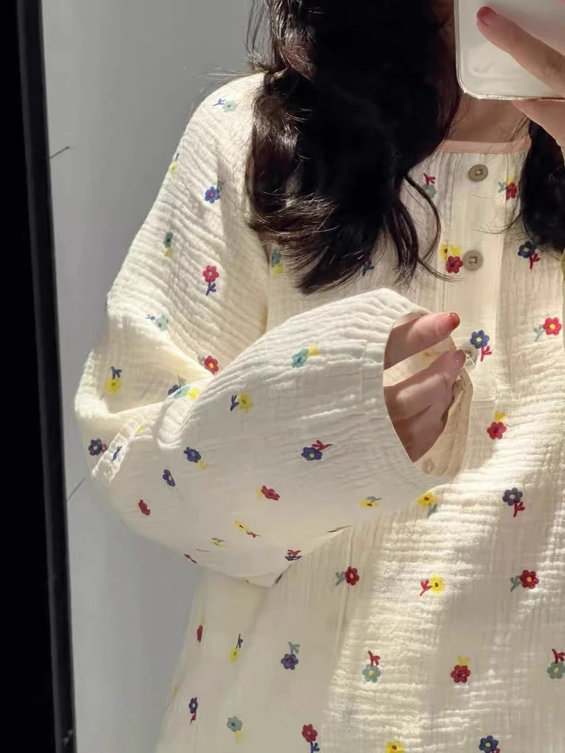 ins网红睡衣女春秋季圆领长袖长裤甜美碎花少女风冬天家居服套装