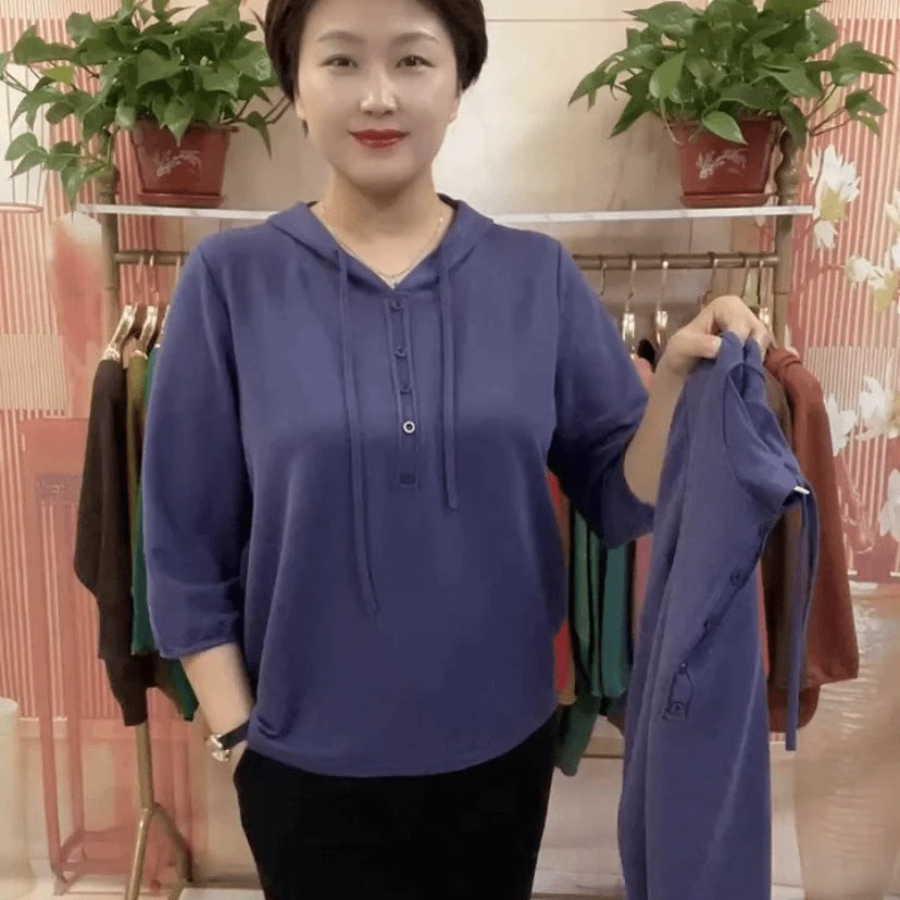 洋气妈妈装弹力上衣T恤女春夏新款连帽七分袖宽松百搭休闲