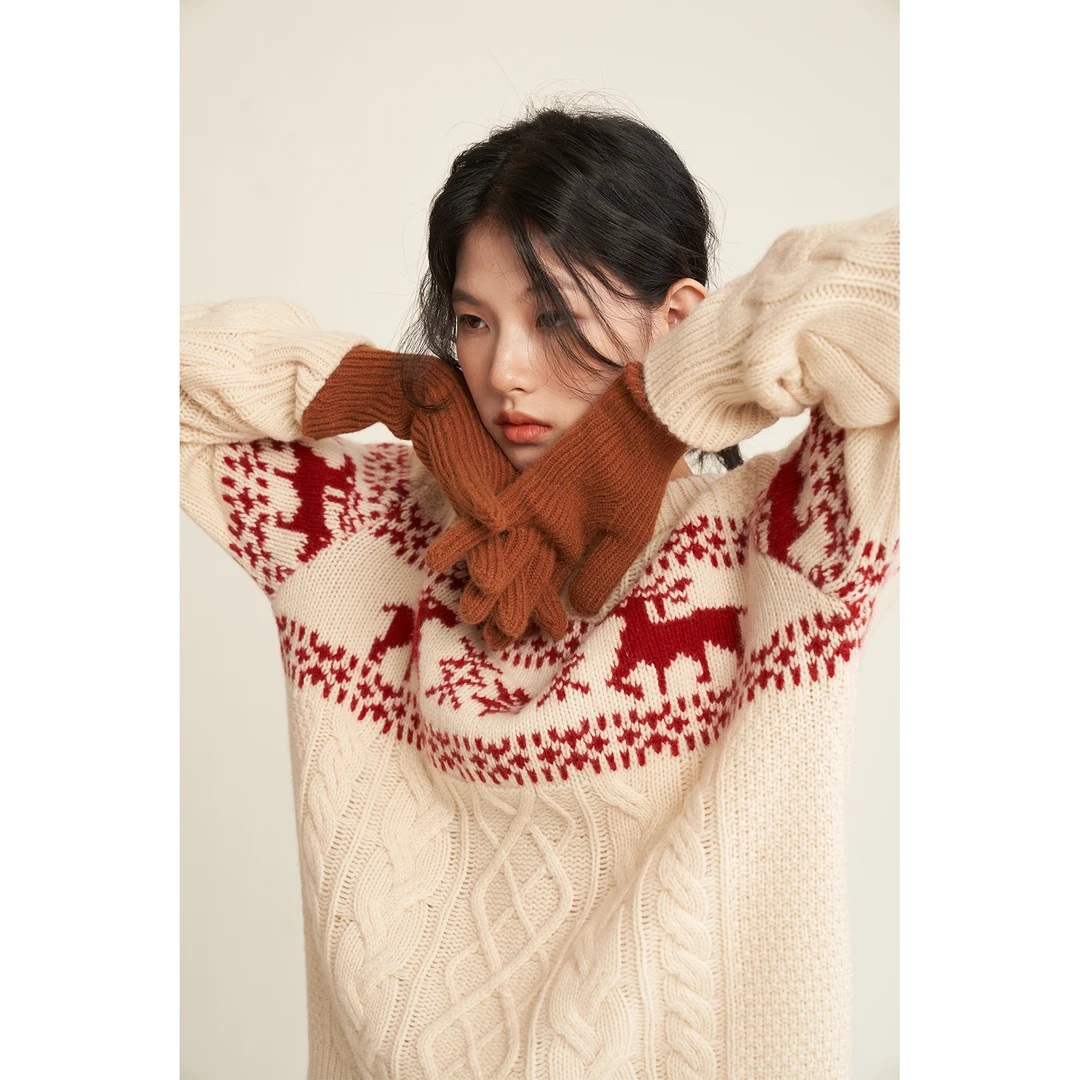 SONDER 秋冬法式慵懒风麋鹿跳针织衫 圆领套头保暖百搭圣诞毛衣