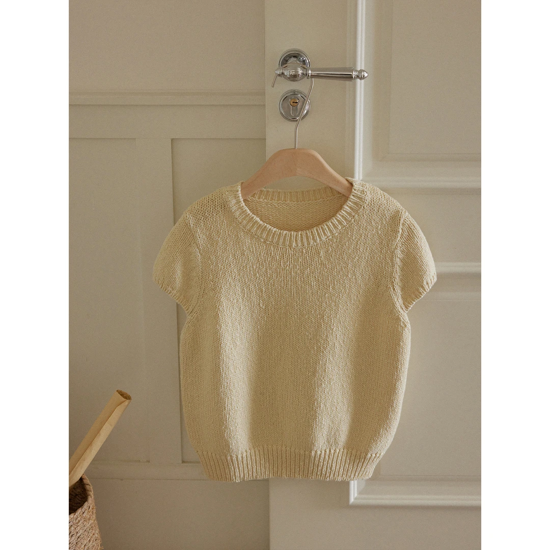 SONDERS 2024ss 100棉毛织灯笼袖收口短款纯色简约针织短袖上衣