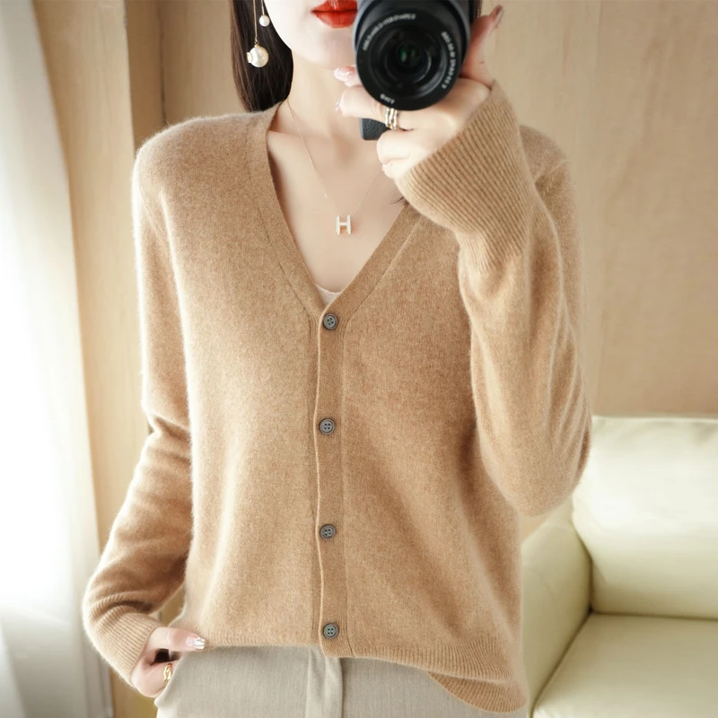 2024新款针织开衫外套女秋季宽松大码毛衣V领百搭长袖上衣薄外搭