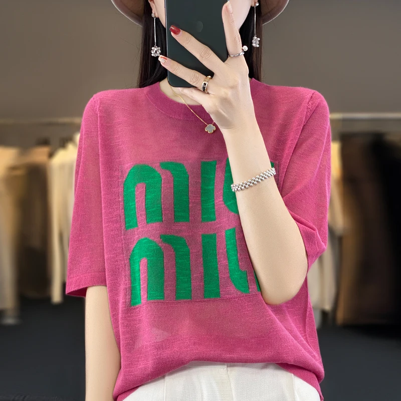 欧货设计感字母冰丝针织上衣女夏季短袖洋气减龄薄款宽松百搭t恤