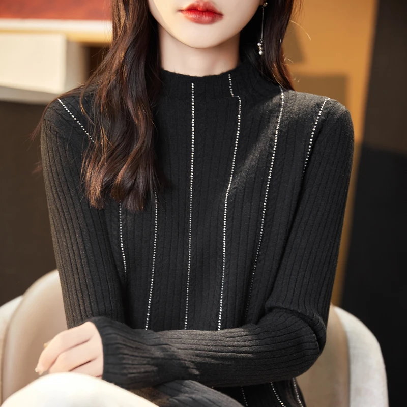 时尚烫钻洋气半高领毛衣女内搭宽松秋冬百搭显瘦红色针织打底衫