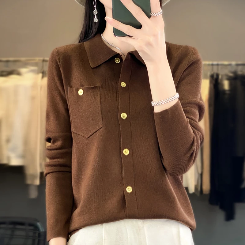 新款精纺毛衫女POLO领带兜针织开衫外套显瘦套头衬衣百搭打底毛衣