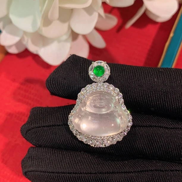 天然石英质玉无乃佛公吊坠s925银镶嵌小众玉石弥勒佛舒佛项链挂件