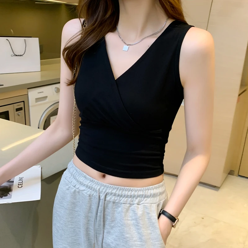 HTKD黑色v领吊带背心女内搭2025新款棉质紧身无袖外穿短款打底上