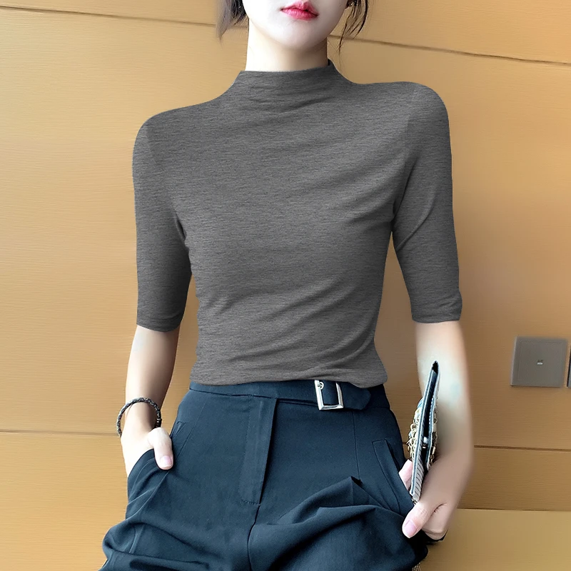 莫代尔五分袖半高领打底衫女春秋季内搭薄款中袖t恤洋气修身上衣