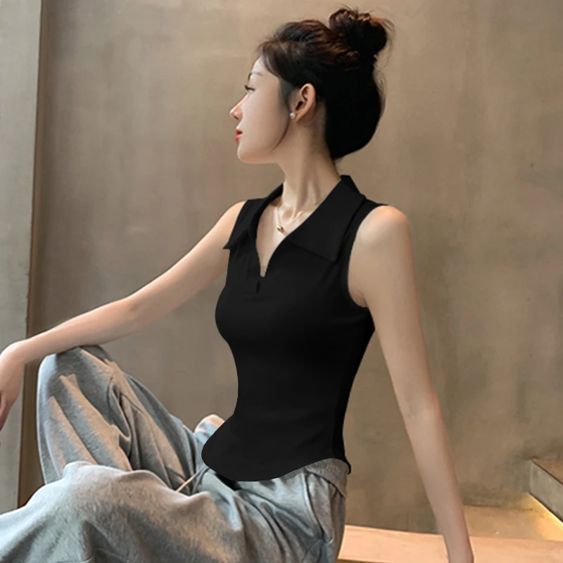 HTKD黑色POLO领外穿吊带背心女2025夏季新款无袖设计感小众内搭上
