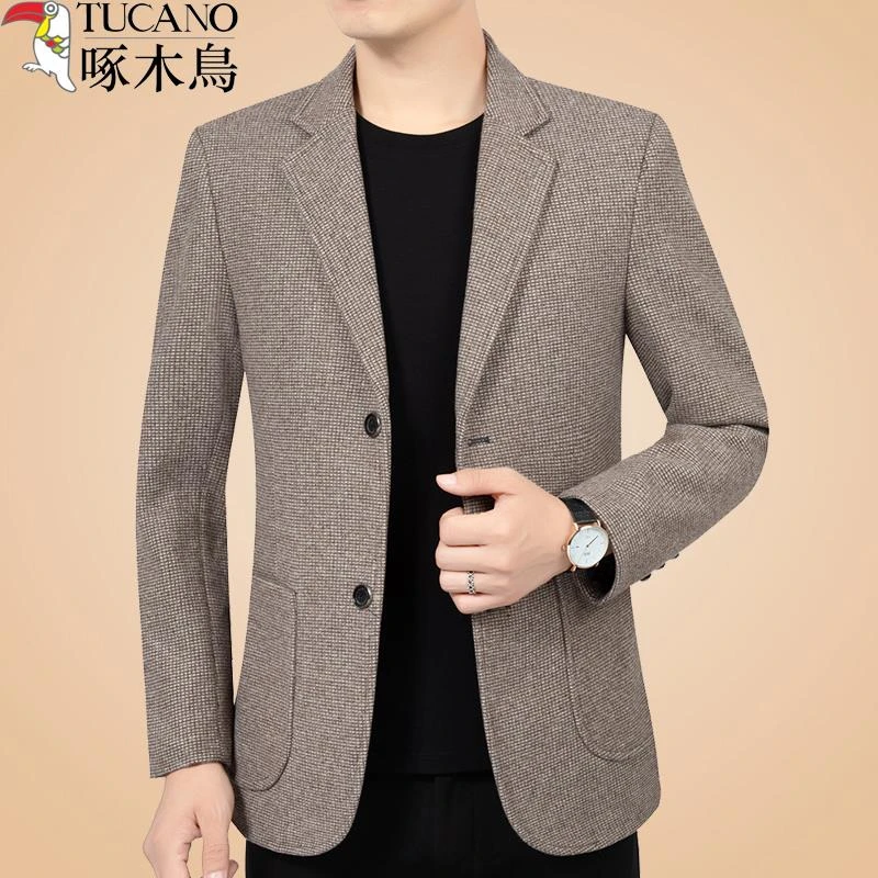 啄木鸟休闲西装外套男士秋冬新款中老年毛呢西服修身春秋单西上衣