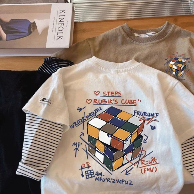 2023新款秋装假两件长袖T恤男童新款儿童春秋款男孩帅气打底衫潮