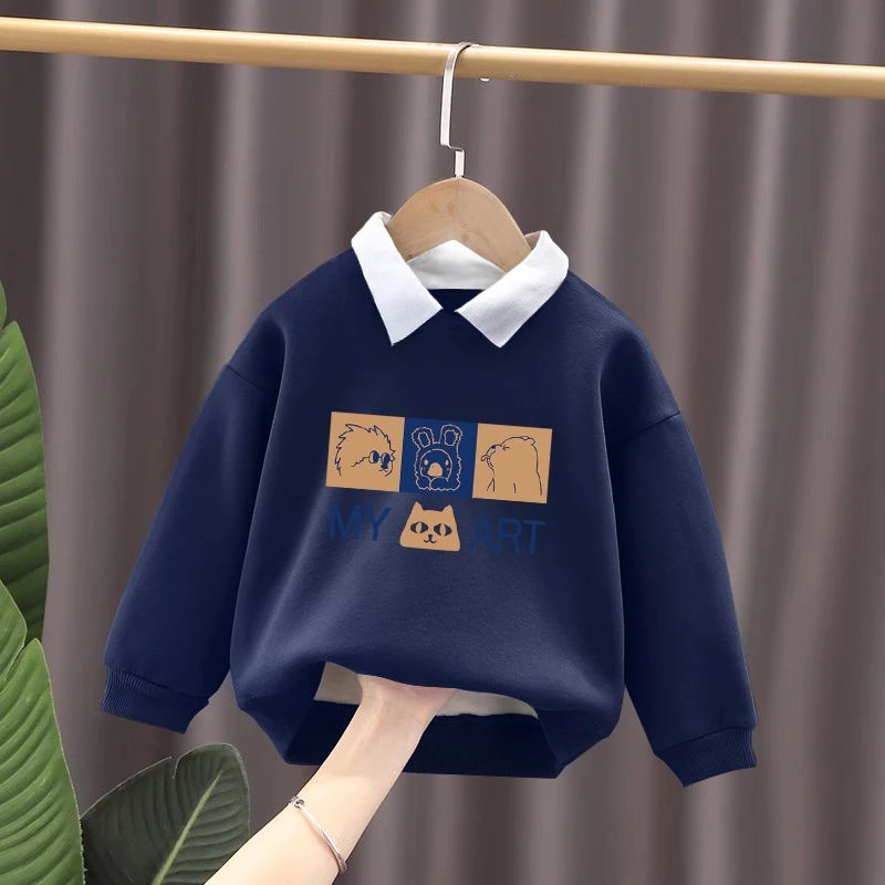 2023秋装新款加绒加厚儿童翻领Polo卫衣季华男女童长袖上CH卫衣