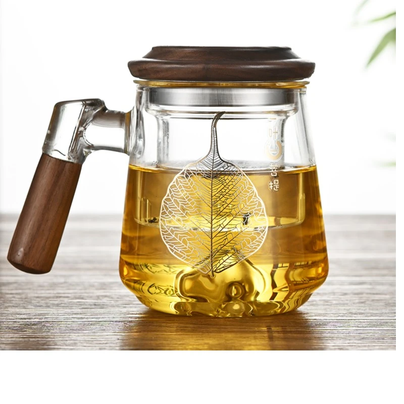 泡茶杯办公室茶杯月牙茶道杯一叶菩提家用过滤泡茶杯耐热木把男士
