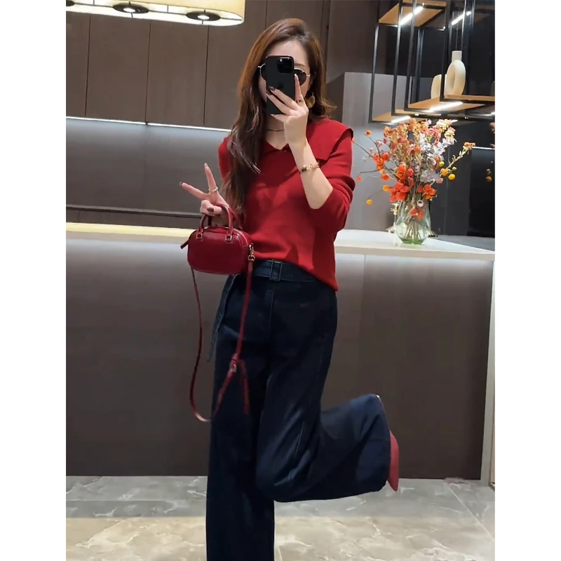 一整套韩系初秋穿搭女2024新款纯色设计款气质针织衫阔腿裤两件套