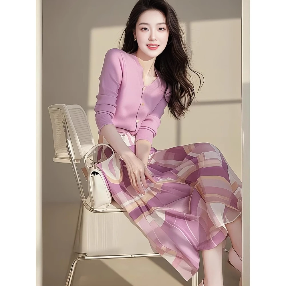 秋装搭配一整套女装高级感新款韩剧女主穿搭气质针织衫半裙两件套