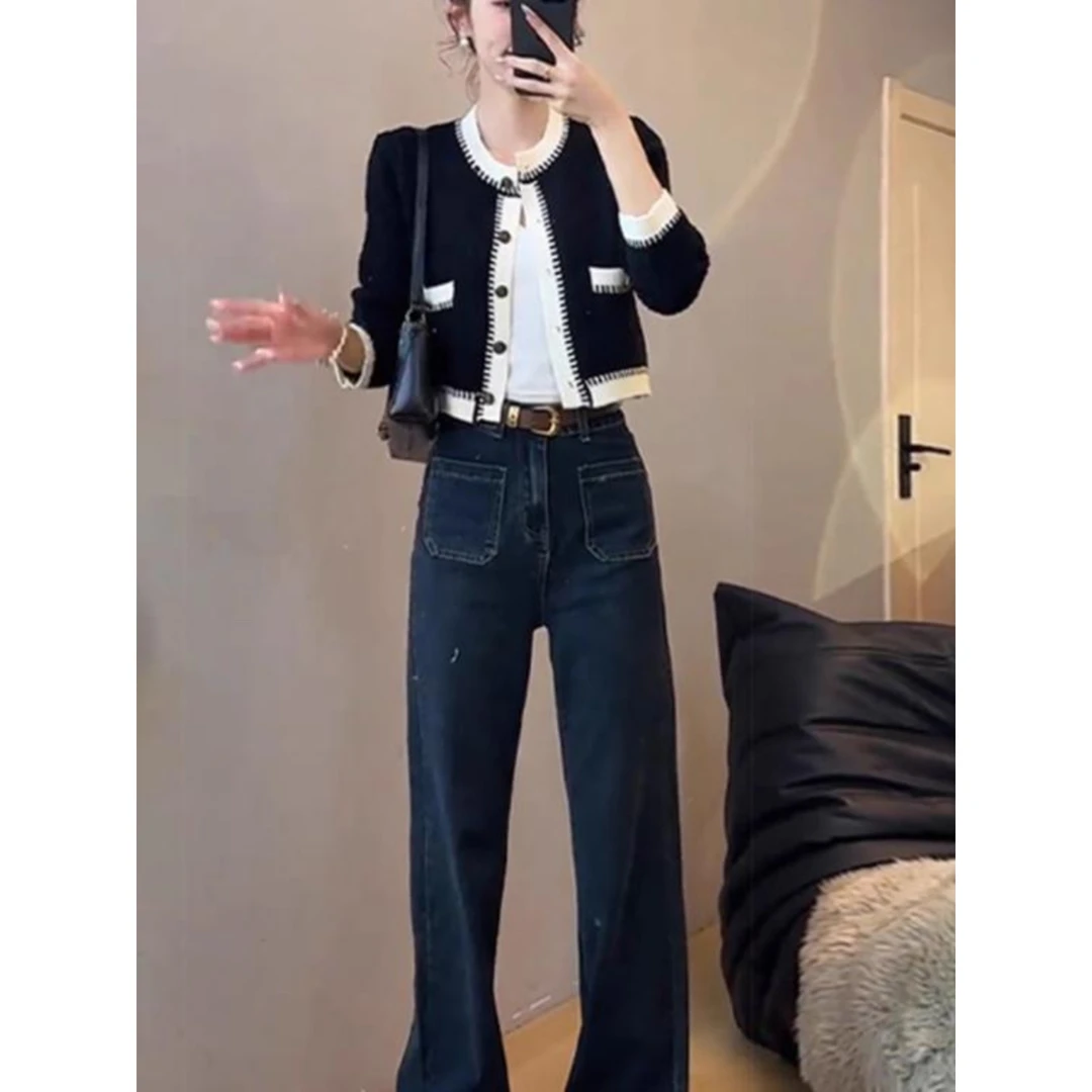 欧货2024年秋季新款针织衫女小香风高级感短款外套牛仔裤两件套装