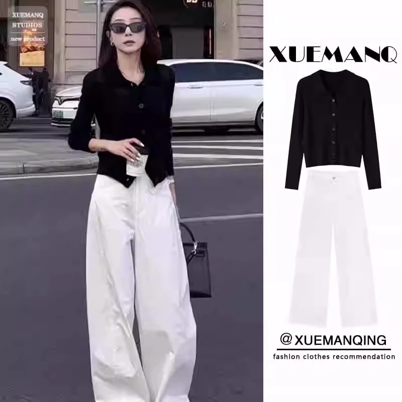 初秋减龄一整套上班通勤穿搭高级感上衣高腰直筒休闲阔腿裤两件套