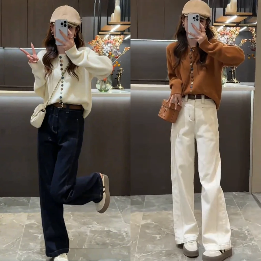 2024秋装搭配一整套韩系软糯时尚减龄针织毛衣牛仔阔腿裤两件套装