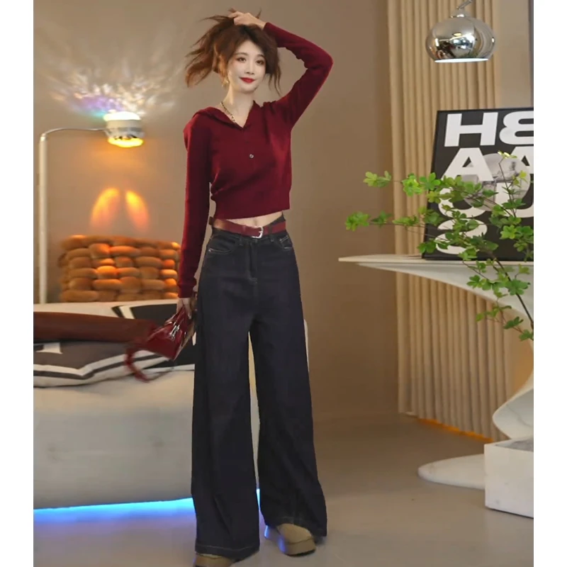 秋装搭配一整套轻熟2024新款慵懒风连帽针织毛衣休闲阔腿裤两件套