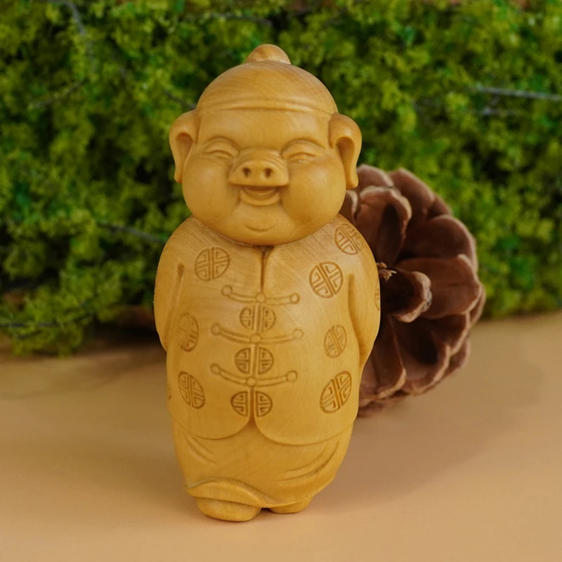 黄杨木雕地主猪财主实木手把件文玩工艺品猪员外随身盘玩车载挂件