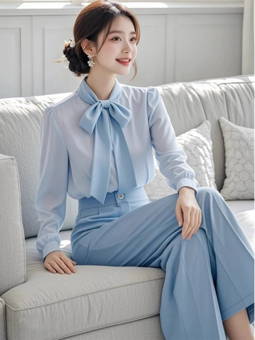 小香风气质蓝色飘带衬衫女装2024秋季新款高端精致时尚长裤两件套