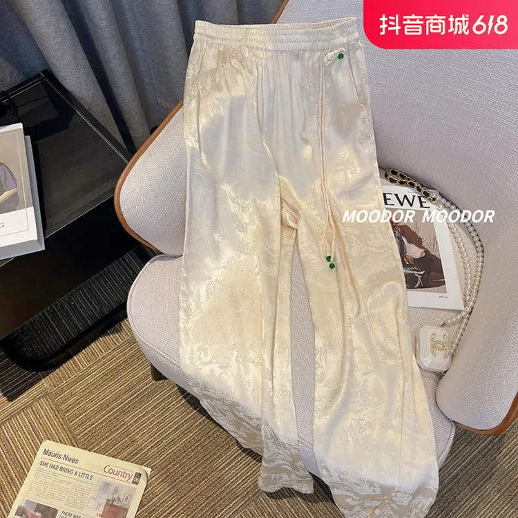 国风印花直筒裤女2024春夏新品高腰盘扣流苏缎面垂感裤休闲阔腿裤
