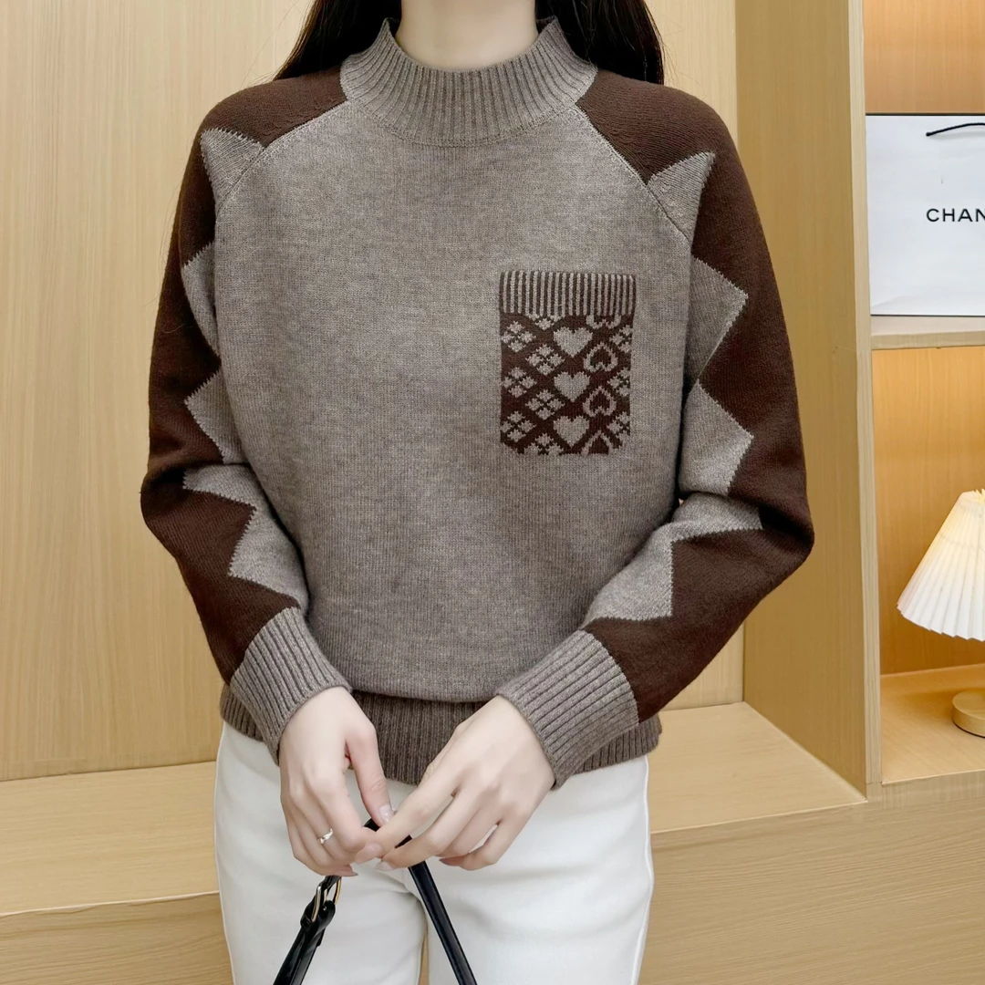 930#秋冬提花长袖针织衫半高领套头4120