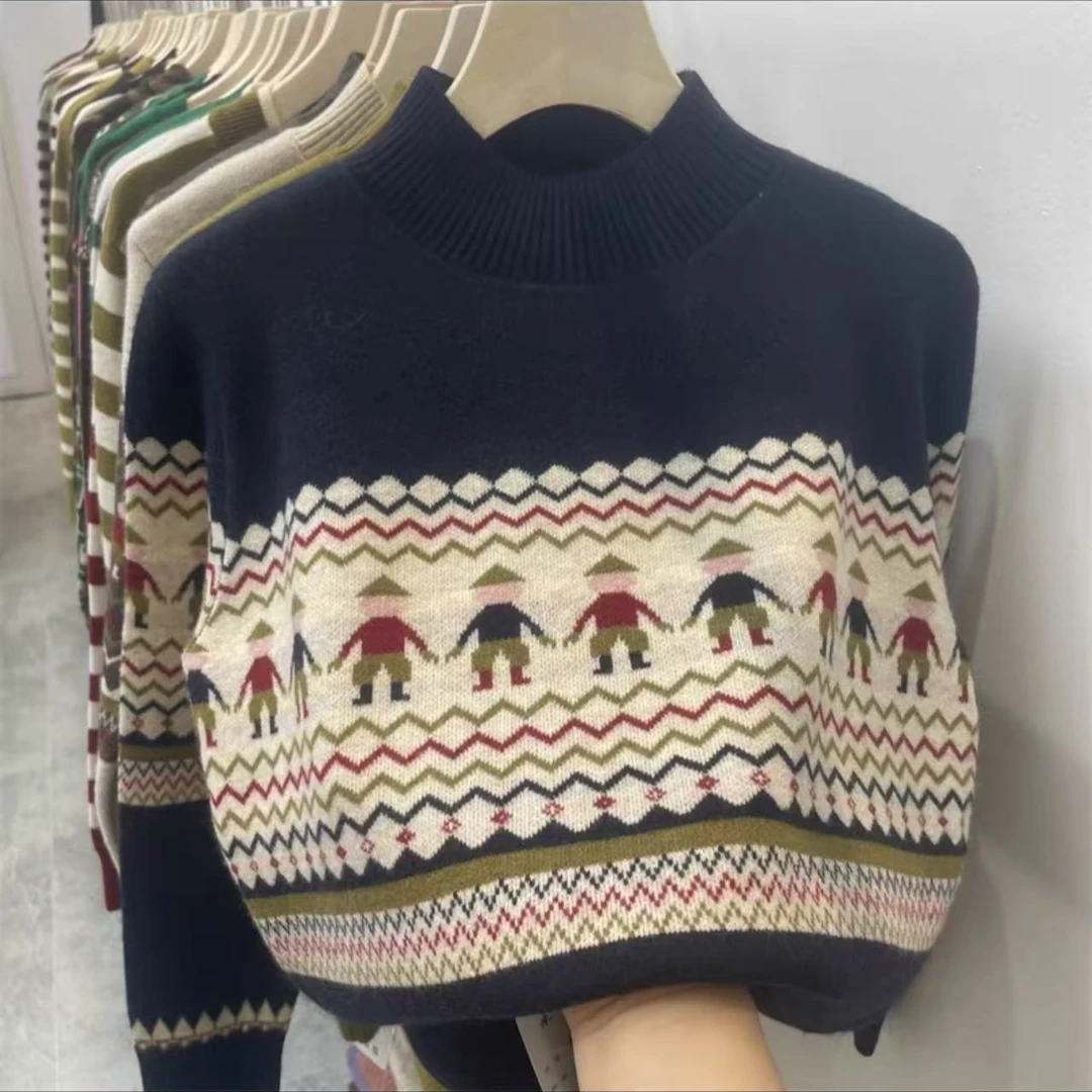 055#新款拼色提花套头长袖针织衫半高领1 10