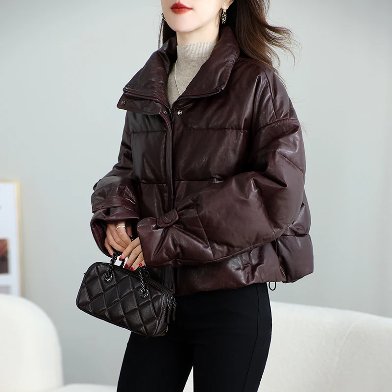 面包领真皮羽绒服女短款2024冬新款绵羊皮宽松大码皮衣外套