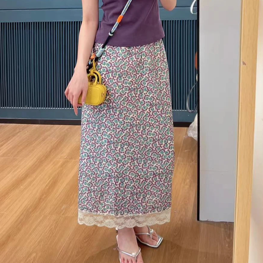 xxxwxz王希之  韩系开叉裙紫色碎花拼接蕾丝松紧腰半身裙#Z888