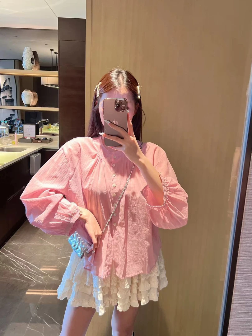xxxwxz王希之  腮红色泡泡灯笼袖设计圆领宽松长袖衬衫上衣#Z194