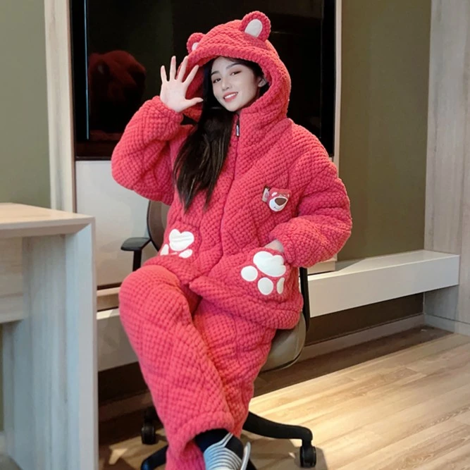 睡衣女三层夹棉加厚款草莓熊运动甜美风拉链可外穿家居服套装3322