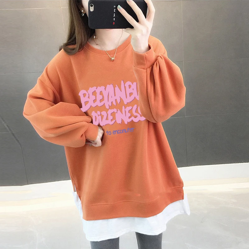 女大码卫衣打底春秋长袖百搭宽松圆领韩版秋季小个子遮臀中长款