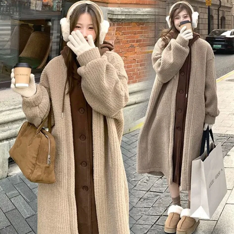 孕妇装秋冬季假两件连帽羊羔绒外套女冬宽松遮肉加绒加厚长款大衣