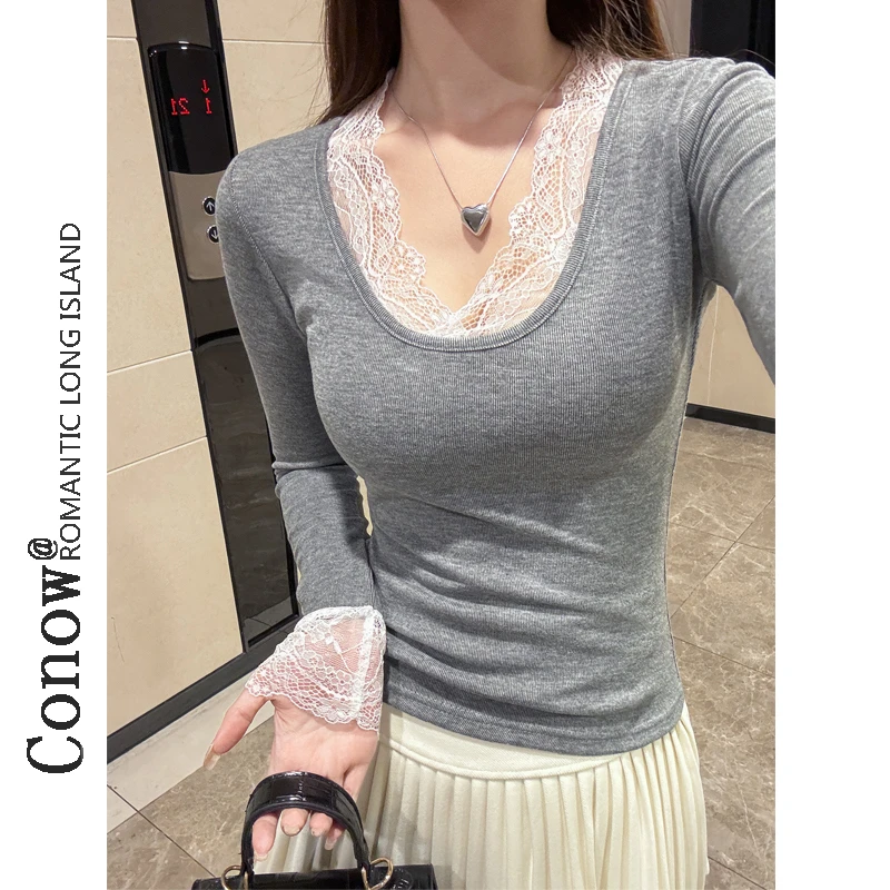 秋冬款加绒长袖t恤女蕾丝花边拼接打底衫纯欲U领修身内搭上衣