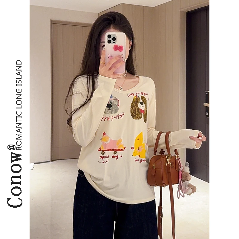 春夏字母动物印花T恤长袖宽松百搭上衣学院风可爱卡通打底衫